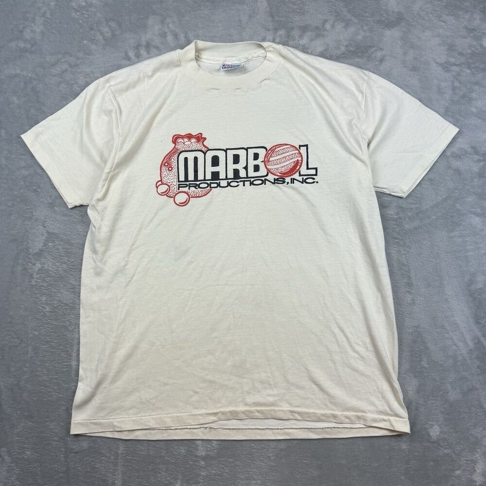 Vintage 80s Hanes Marbol Productions Inc Graphic T Shirt Made USA XL White